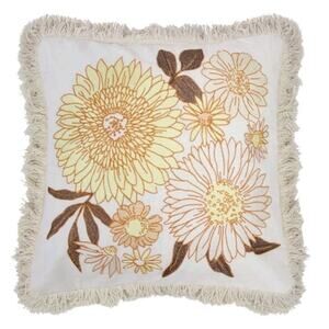 Sunflower Daisy Embroidered Shabby Chic Pillow Boho 70s 18x18" Cream Yellow NWT